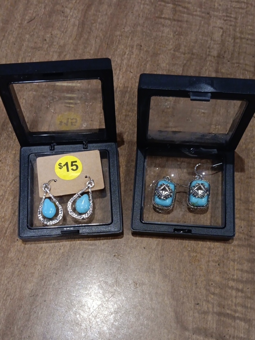 Turquoise Drop and Square Dangle Earrings Set - Blue Silver Accents